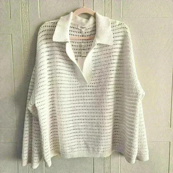 Haven Well Within Tops - Haven Well Within White Organic Cotton Crochet Cropped Polo Sweater Size…